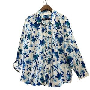 Susan Graver Women's Button Up Size XL P Tunic Top Roll Tab Floral Linen Blend